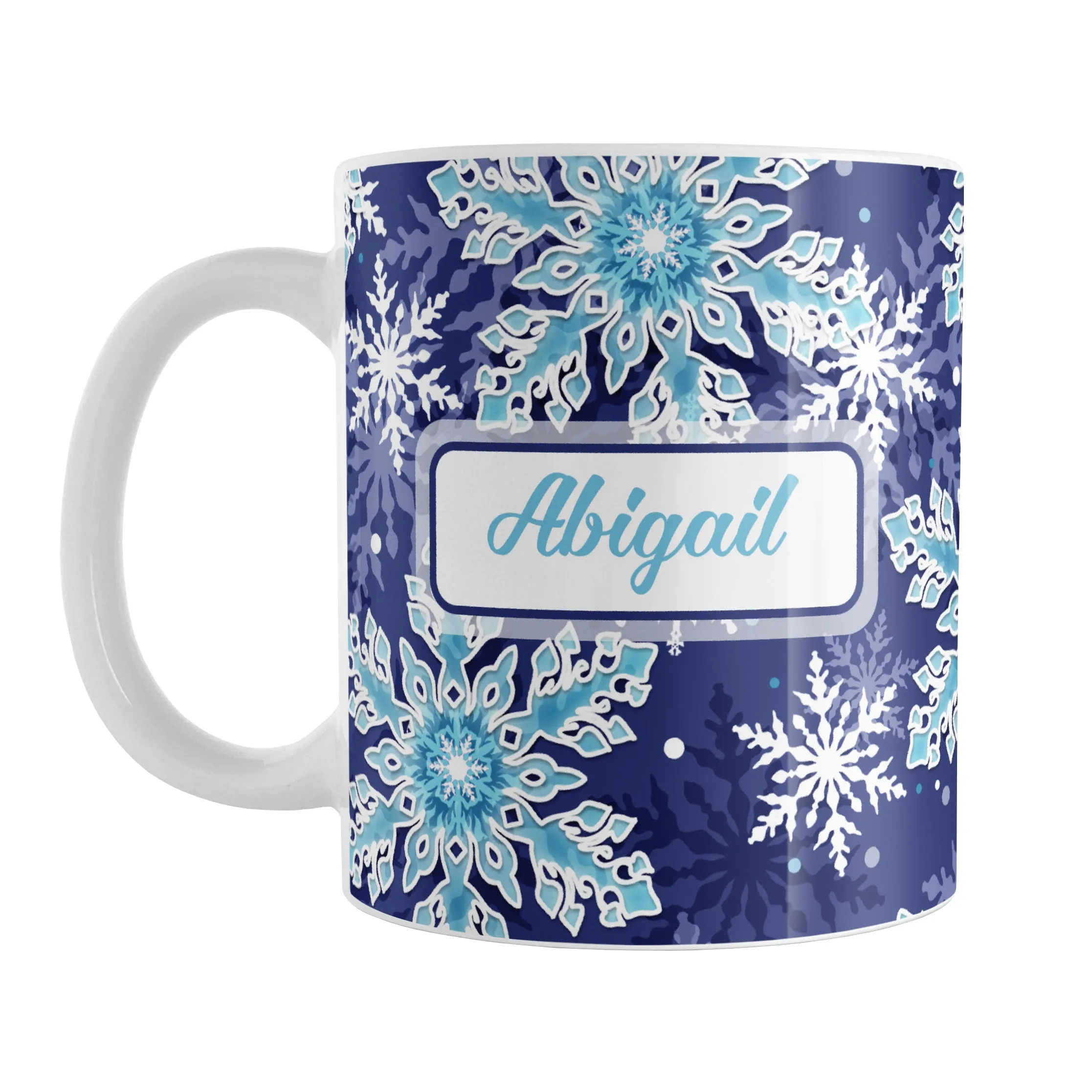 Personalized Navy Blue Aqua Snowflake Winter Mug