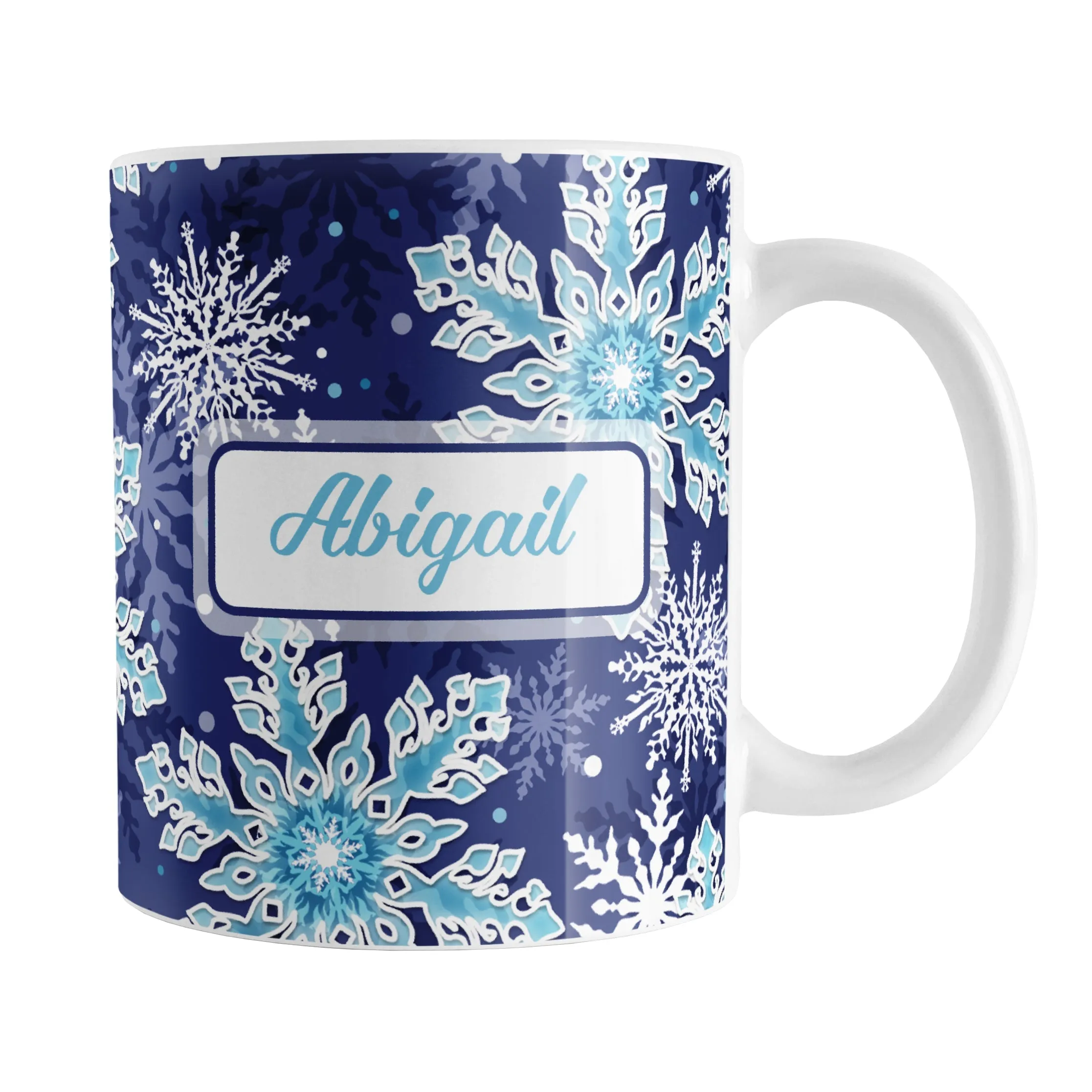 Personalized Navy Blue Aqua Snowflake Winter Mug