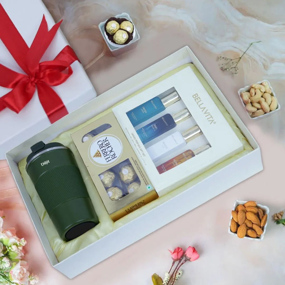 Personalized Premium Tumbler, Bella Vita Perfume & Ferrero Rocher Gift Set - Green