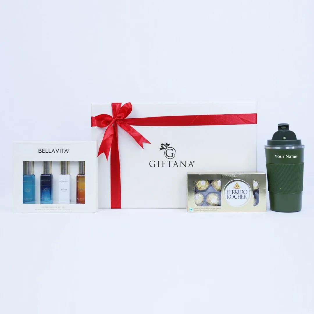 Personalized Premium Tumbler, Bella Vita Perfume & Ferrero Rocher Gift Set - Green