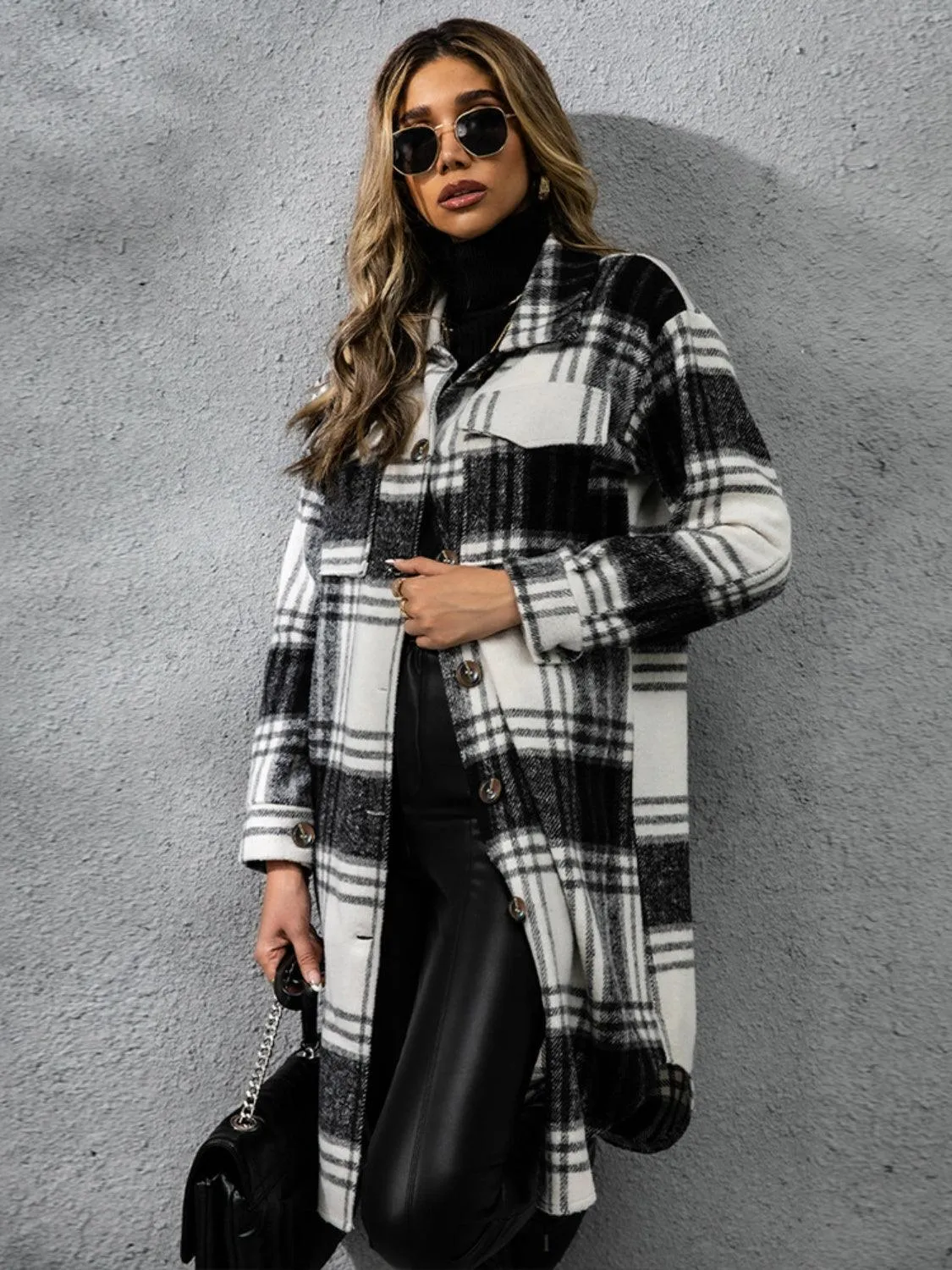 Plaid Coat Collared Neck Long Sleeve Pocketed Outwear