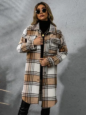 Plaid Coat Collared Neck Long Sleeve Pocketed Outwear