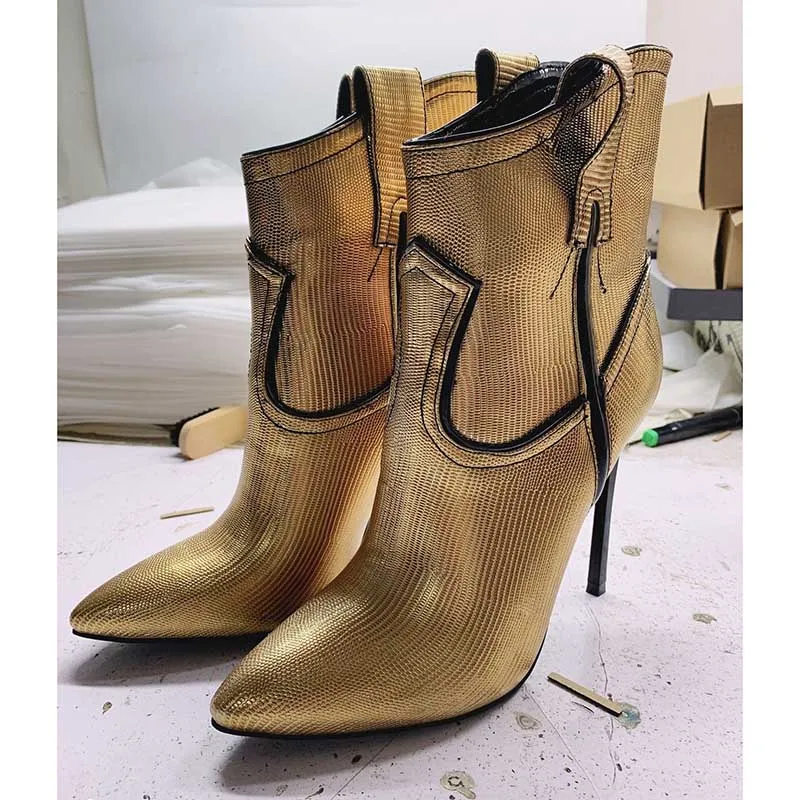 Pointed Toe Gold Stiletto Ankle Boots