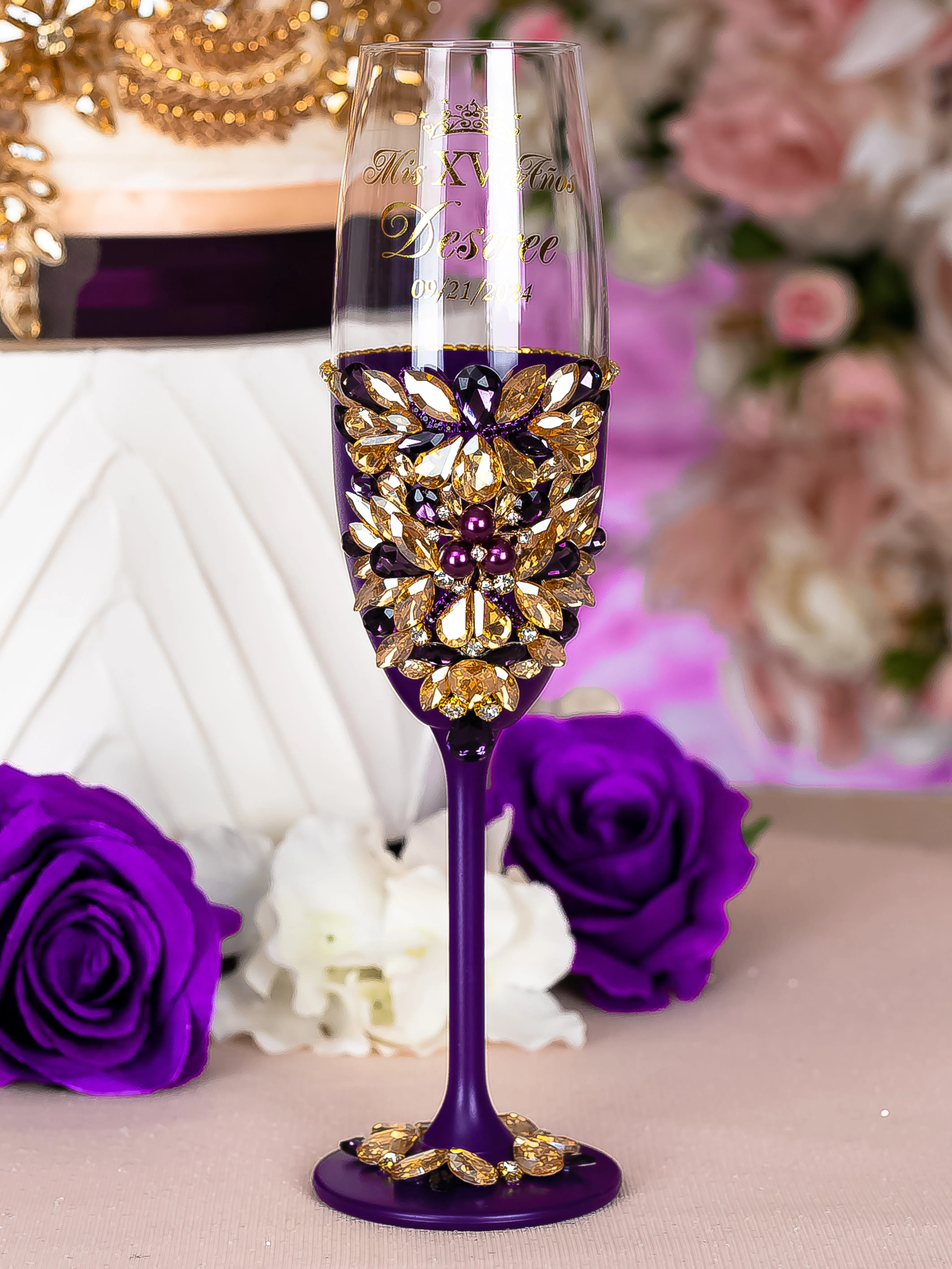 Purple Gold quinceanera bottle with 2 glasses