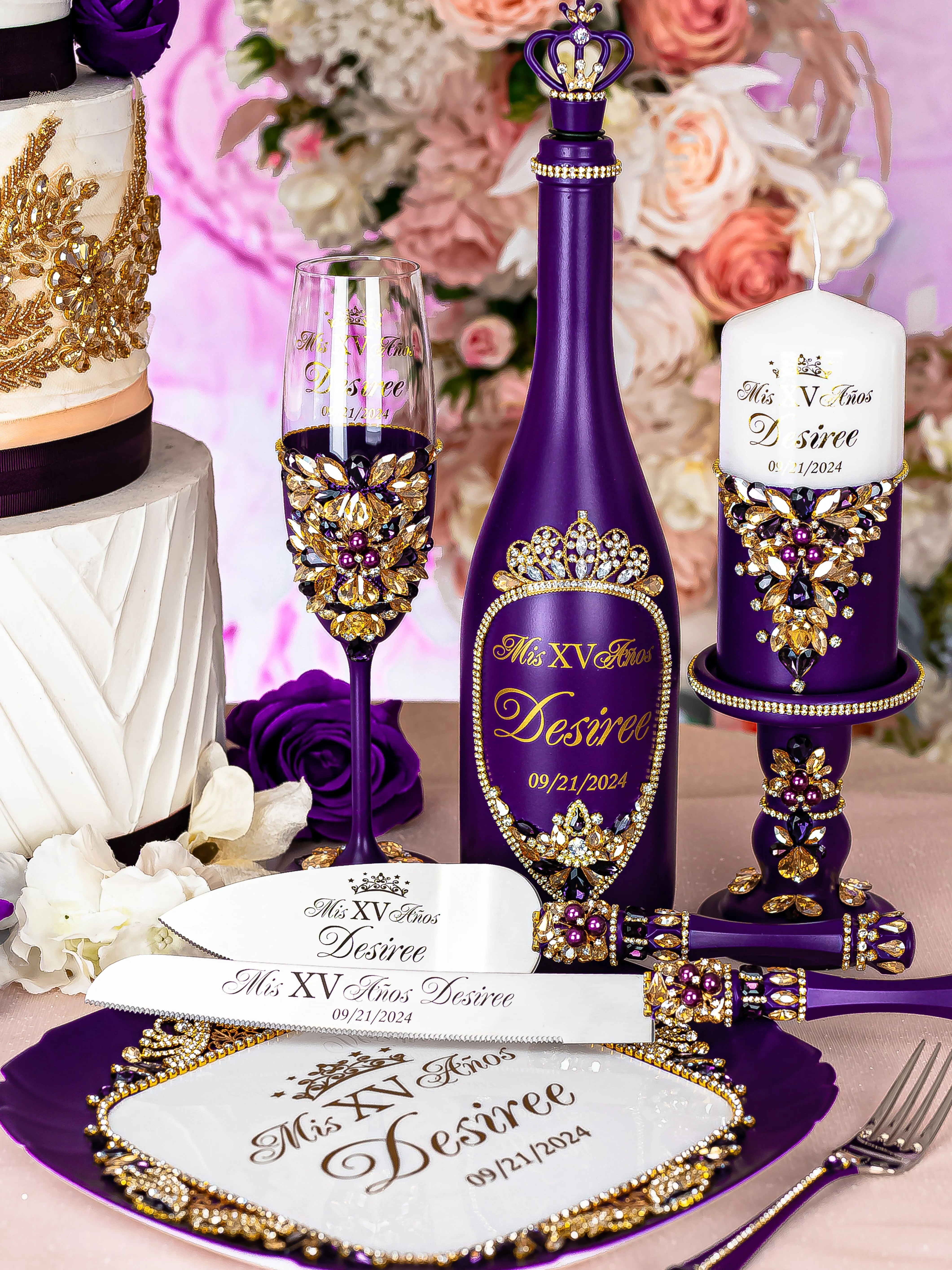 Purple Gold quinceanera bottle with 2 glasses