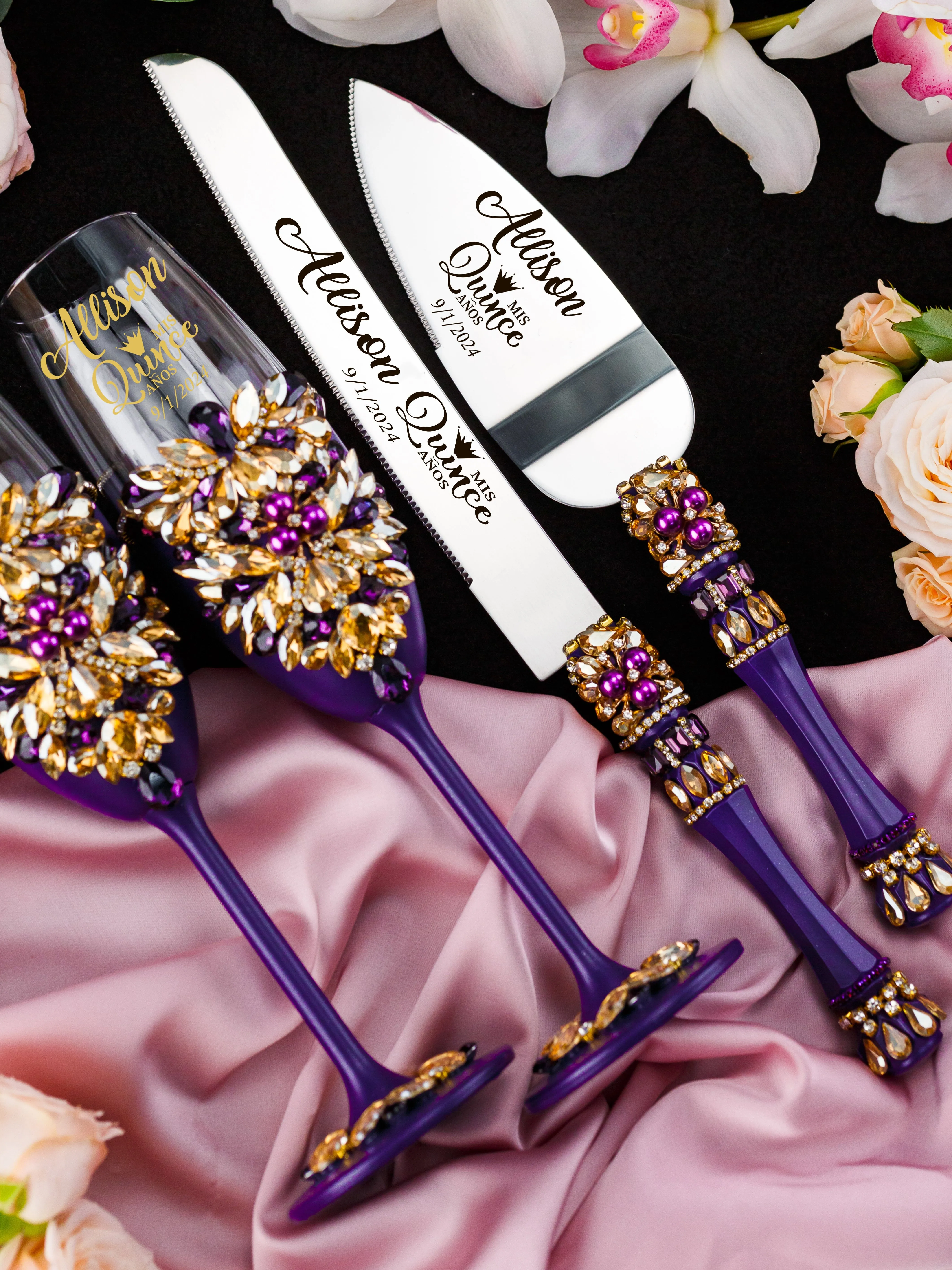 Purple Gold Quinceanera cake knife set with plate and fork