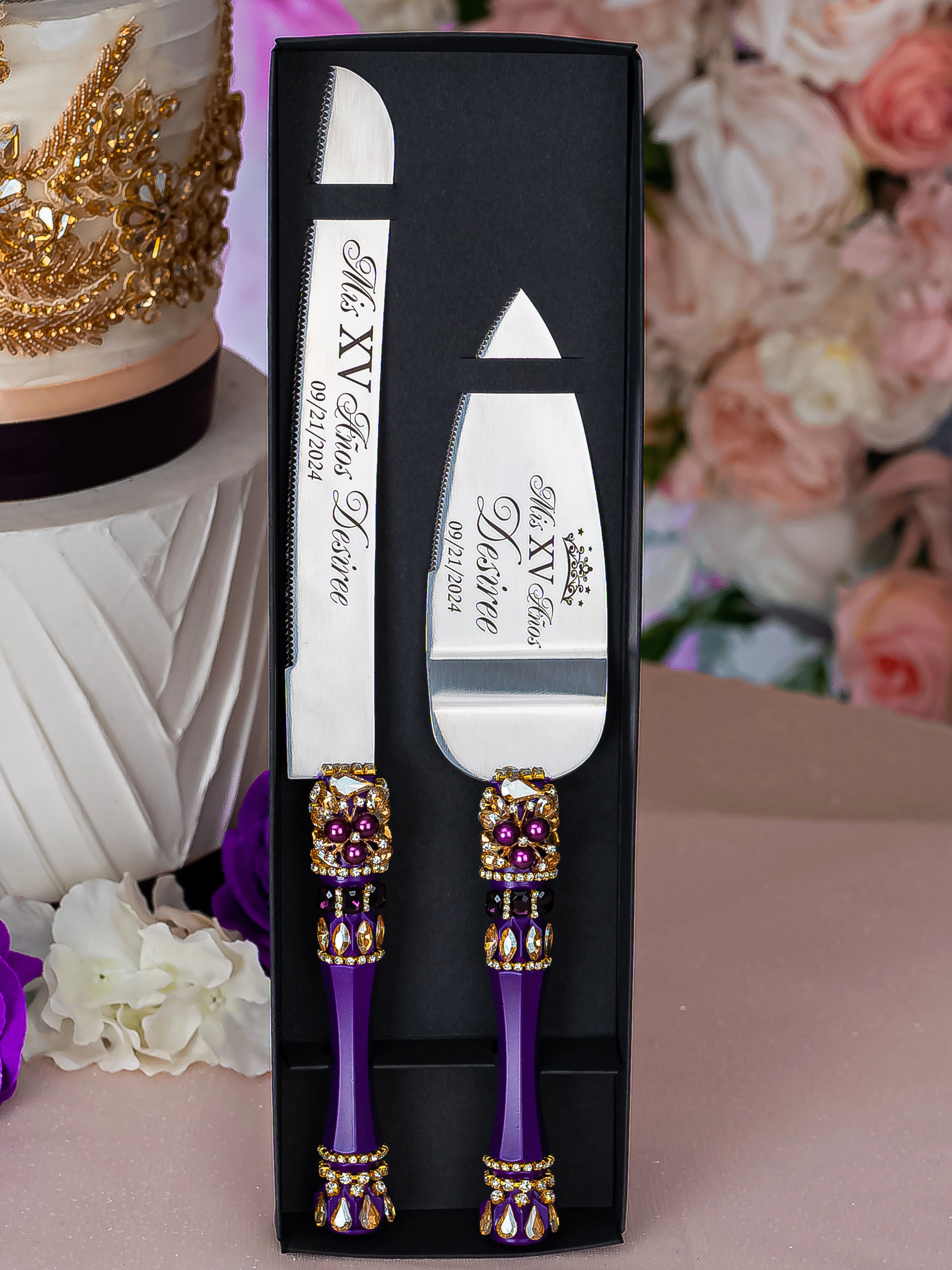 Purple Gold Quinceanera cake knife set with plate and fork