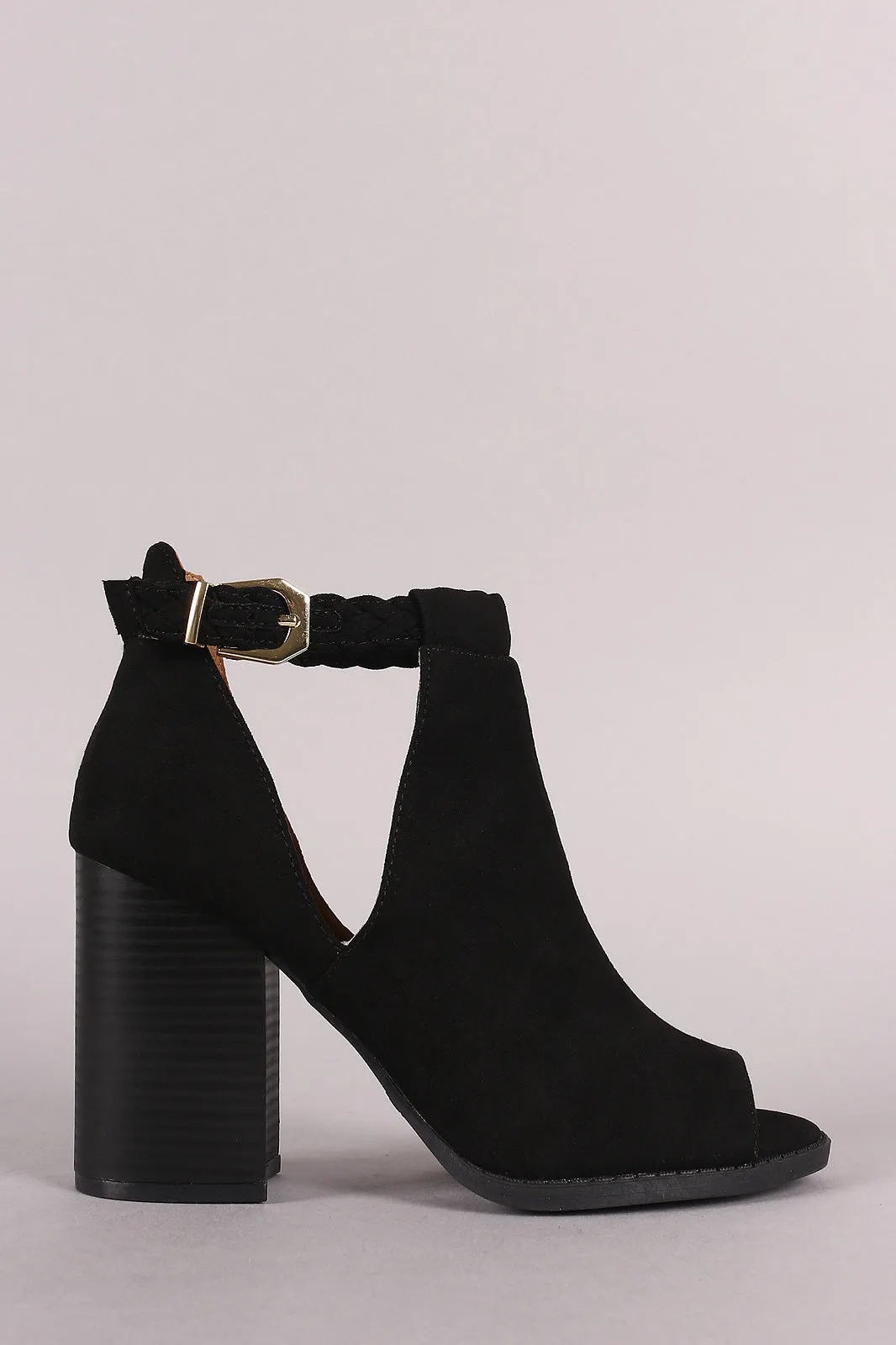 Qupid Peep Toe Suede Cutout Stacked Chunky Heeled Booties