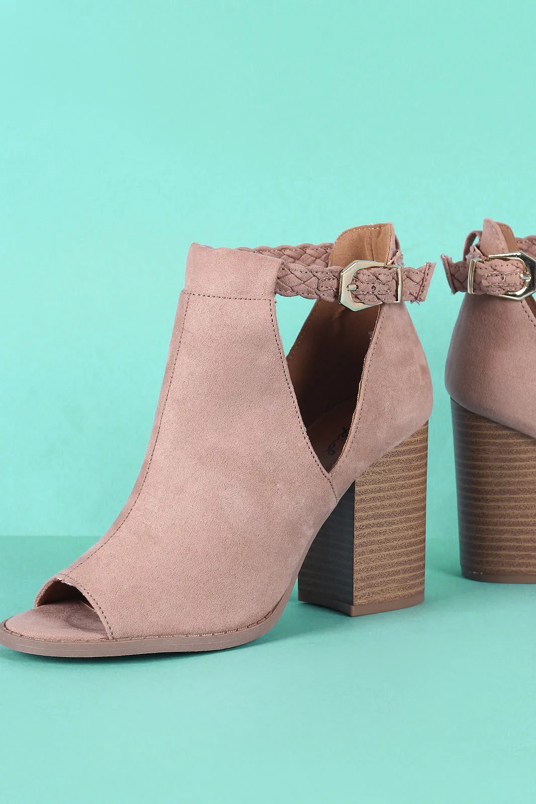 Qupid Peep Toe Suede Cutout Stacked Chunky Heeled Booties