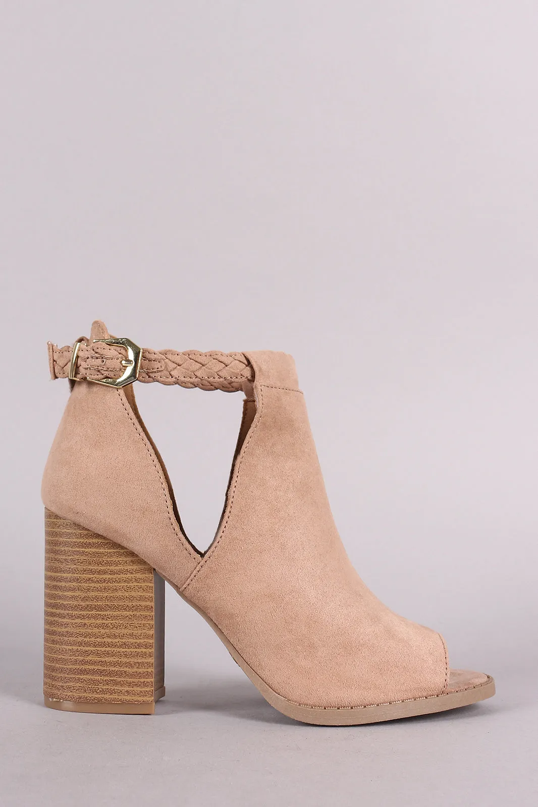 Qupid Peep Toe Suede Cutout Stacked Chunky Heeled Booties