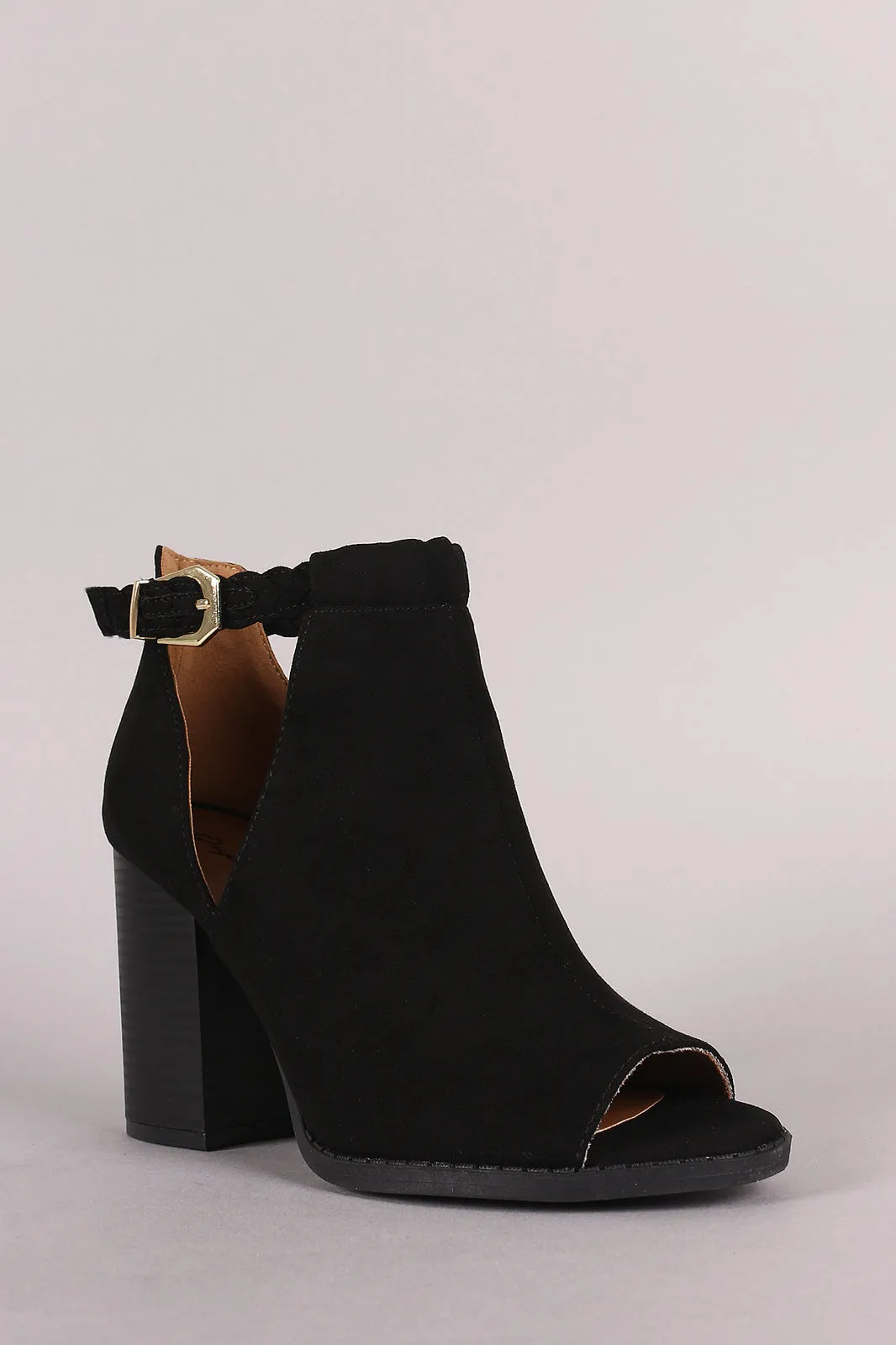 Qupid Peep Toe Suede Cutout Stacked Chunky Heeled Booties