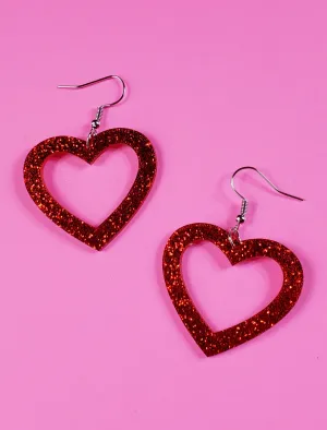 Red Glitter Heart Dangle Earrings