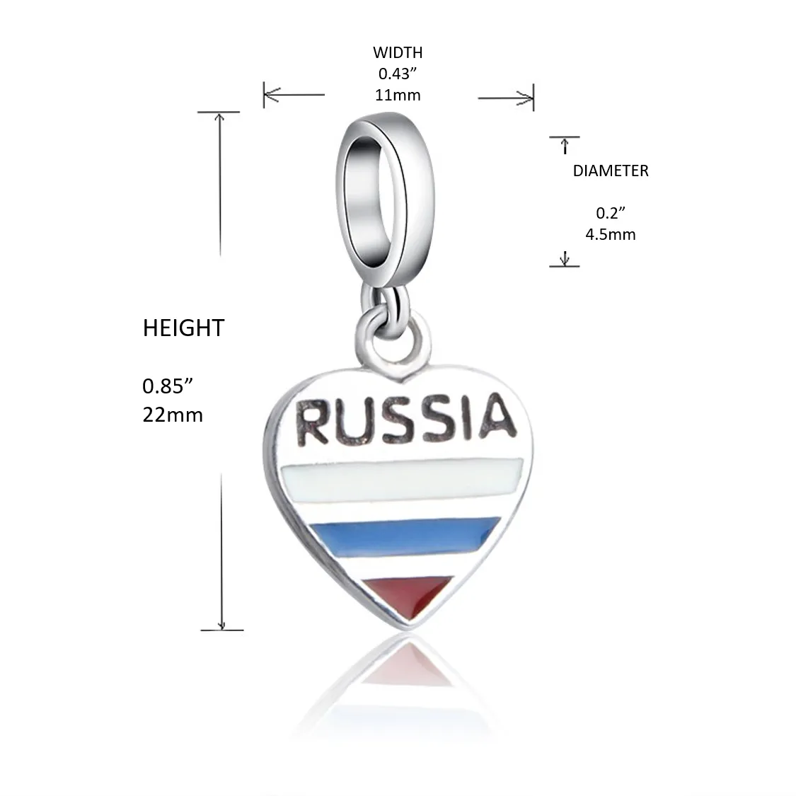 Russian Flag Heart Charm 925 Sterling Silver