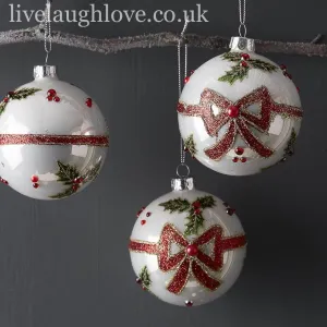 Set Of 3 Holly & Ribbon Decorative Glass Baubles