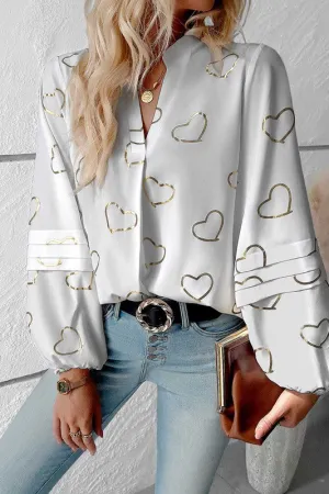 SHIRT- NOTCHED HEART PRINT WHITE BLOUSE