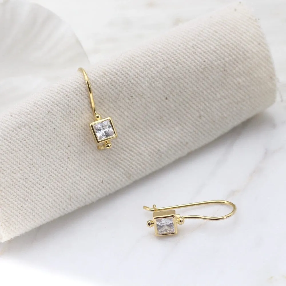 Square Bezel Set CZ Earring with Locking Hook - Gold Vermeil