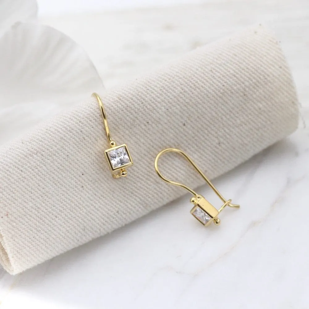 Square Bezel Set CZ Earring with Locking Hook - Gold Vermeil