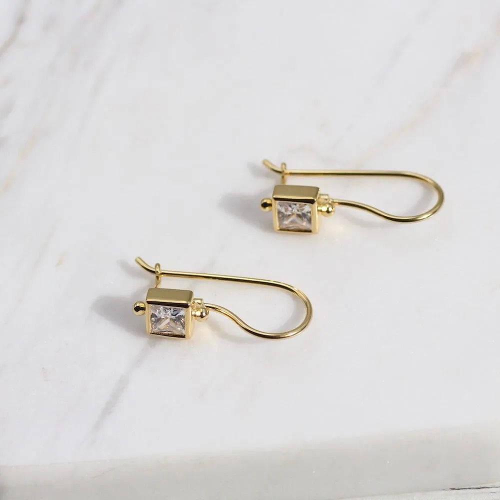 Square Bezel Set CZ Earring with Locking Hook - Gold Vermeil