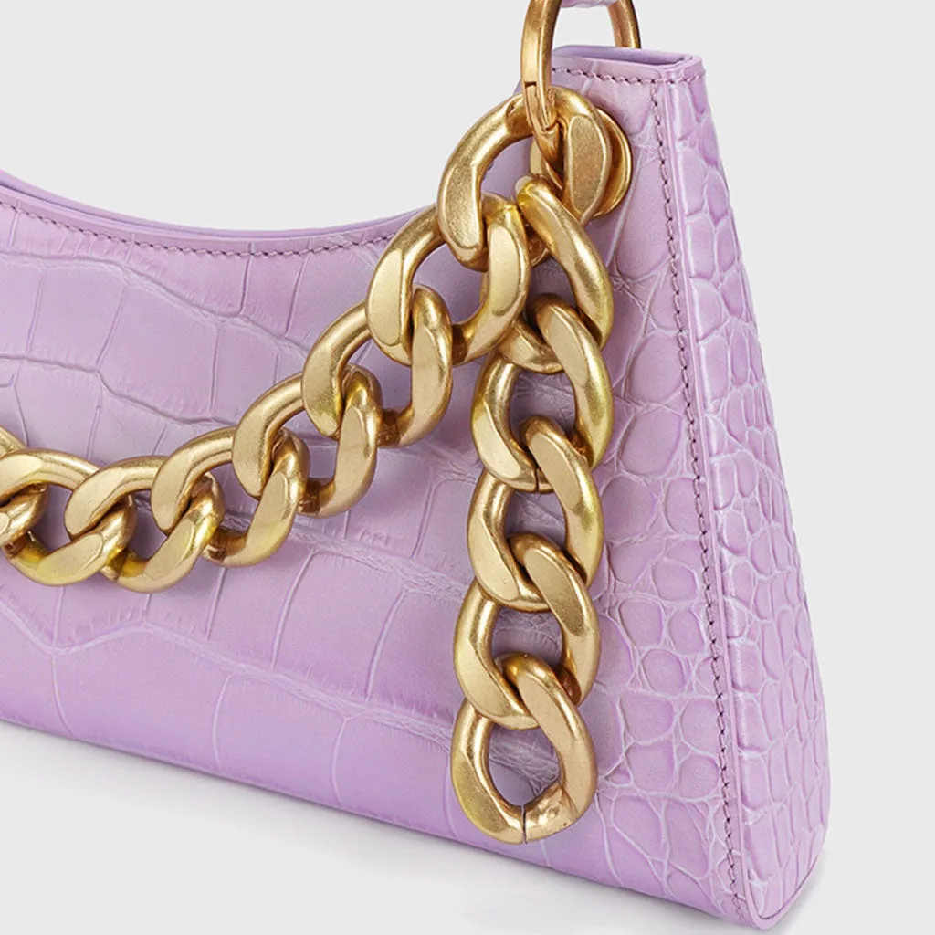 Stylish Crocodile Embossed Metal Chain Baguette Shoulder Bag - Purple