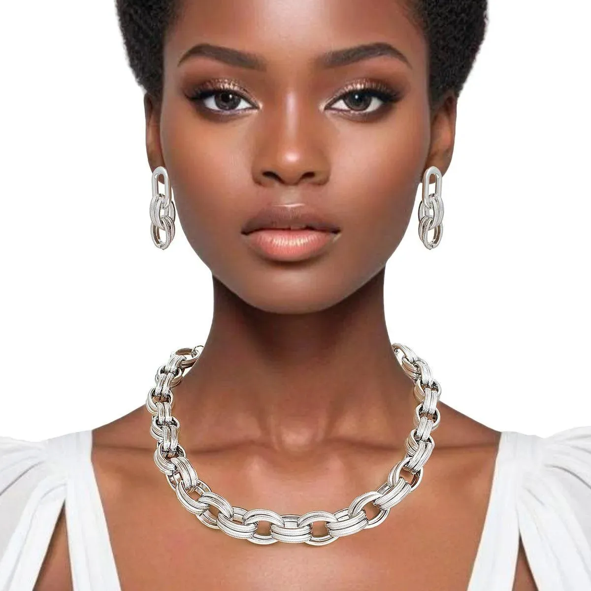 Stylish Shiny Silver Acrylic Double Oval Link Necklace with Earrings