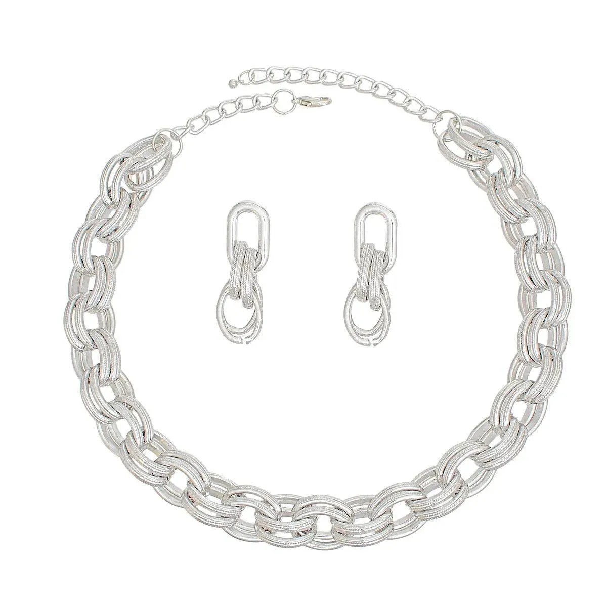 Stylish Shiny Silver Acrylic Double Oval Link Necklace with Earrings