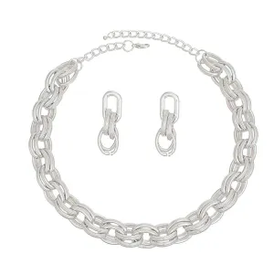 Stylish Shiny Silver Acrylic Double Oval Link Necklace with Earrings