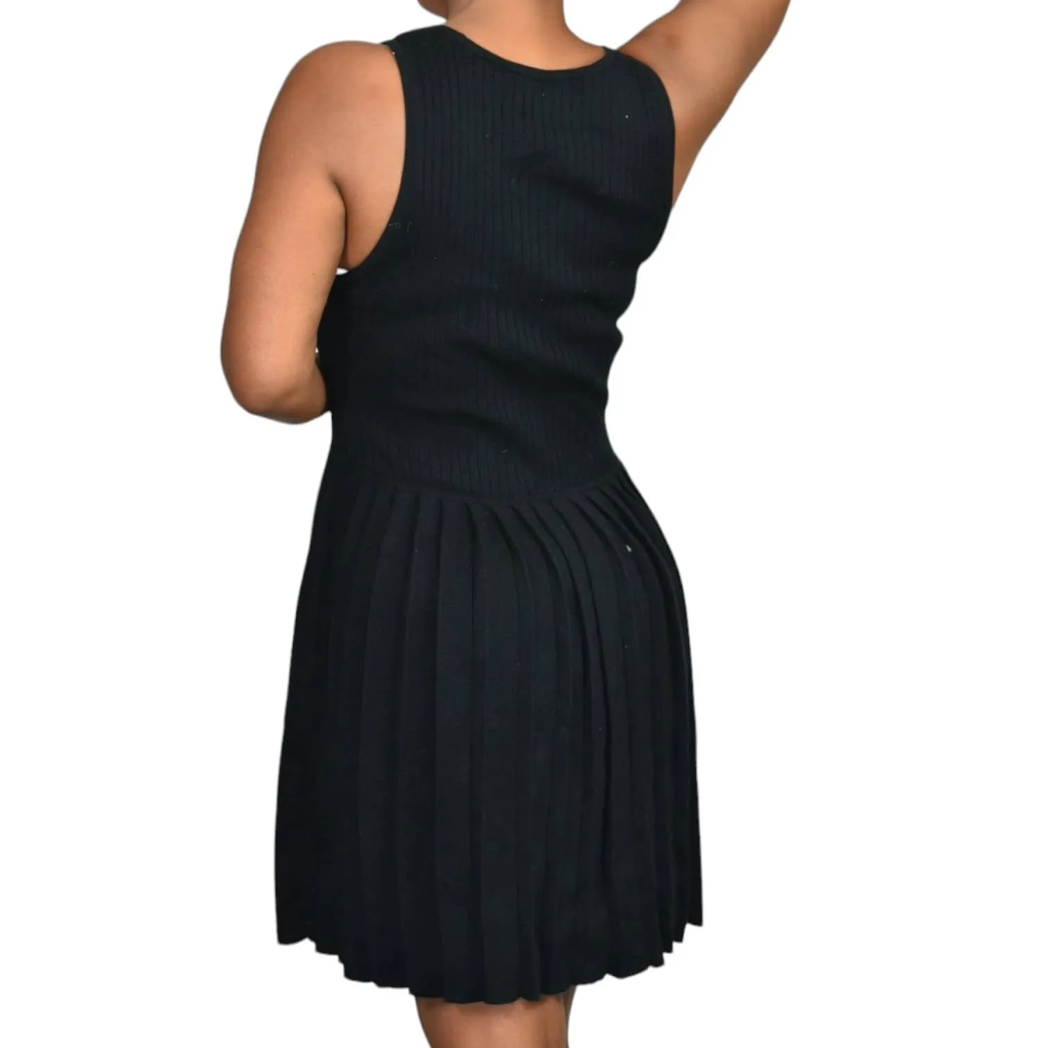 Trina Turk Sweater Knit Dress Black Pleated Sleeveless Ribbed Cotton Tank Scoop Neck Knee Length Size Small