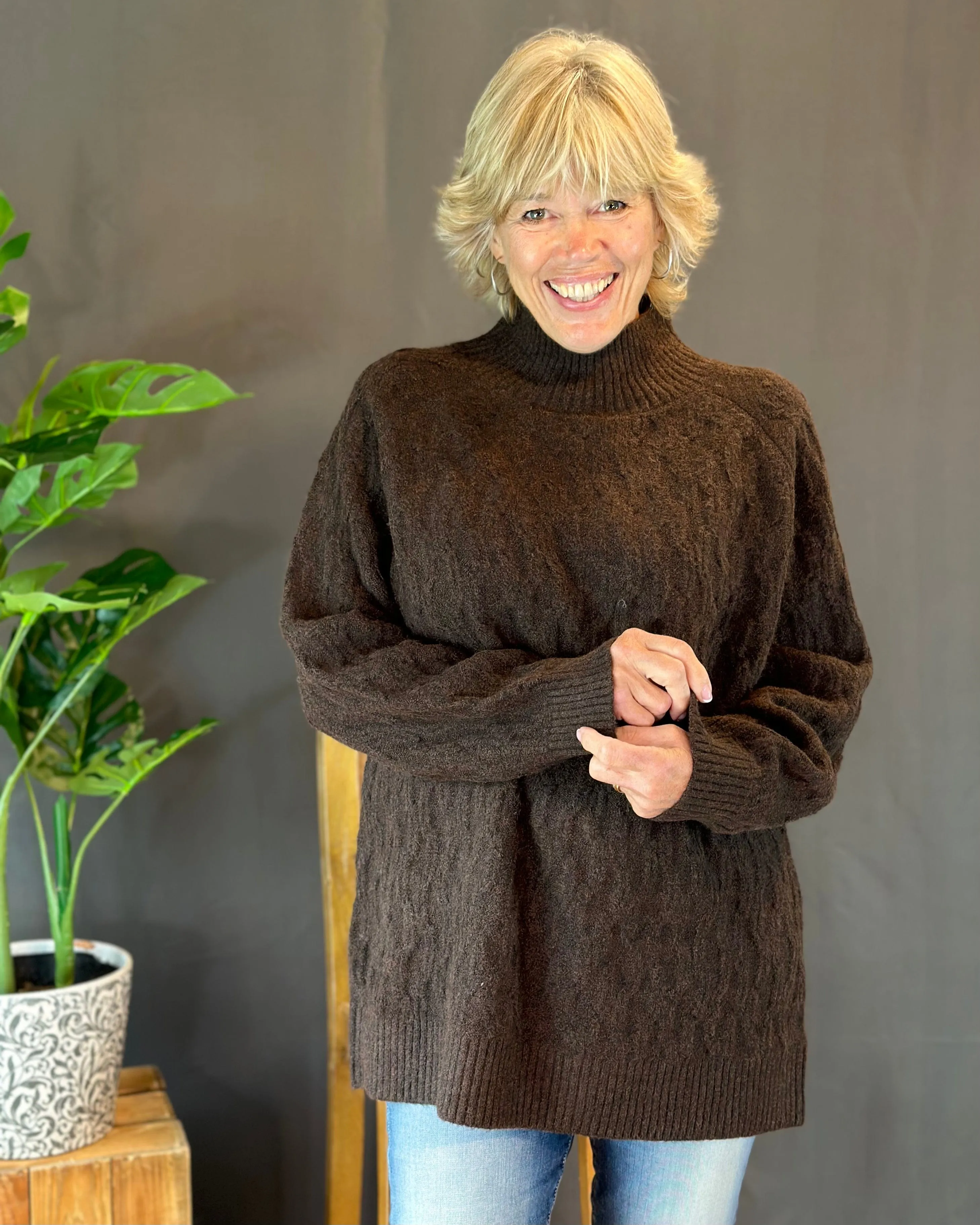 Tweed Textured Knit Turtle Neck Jumper - Chocolate Brown