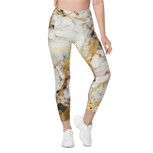 White & Gold Marble Crossover Leggings With Pockets