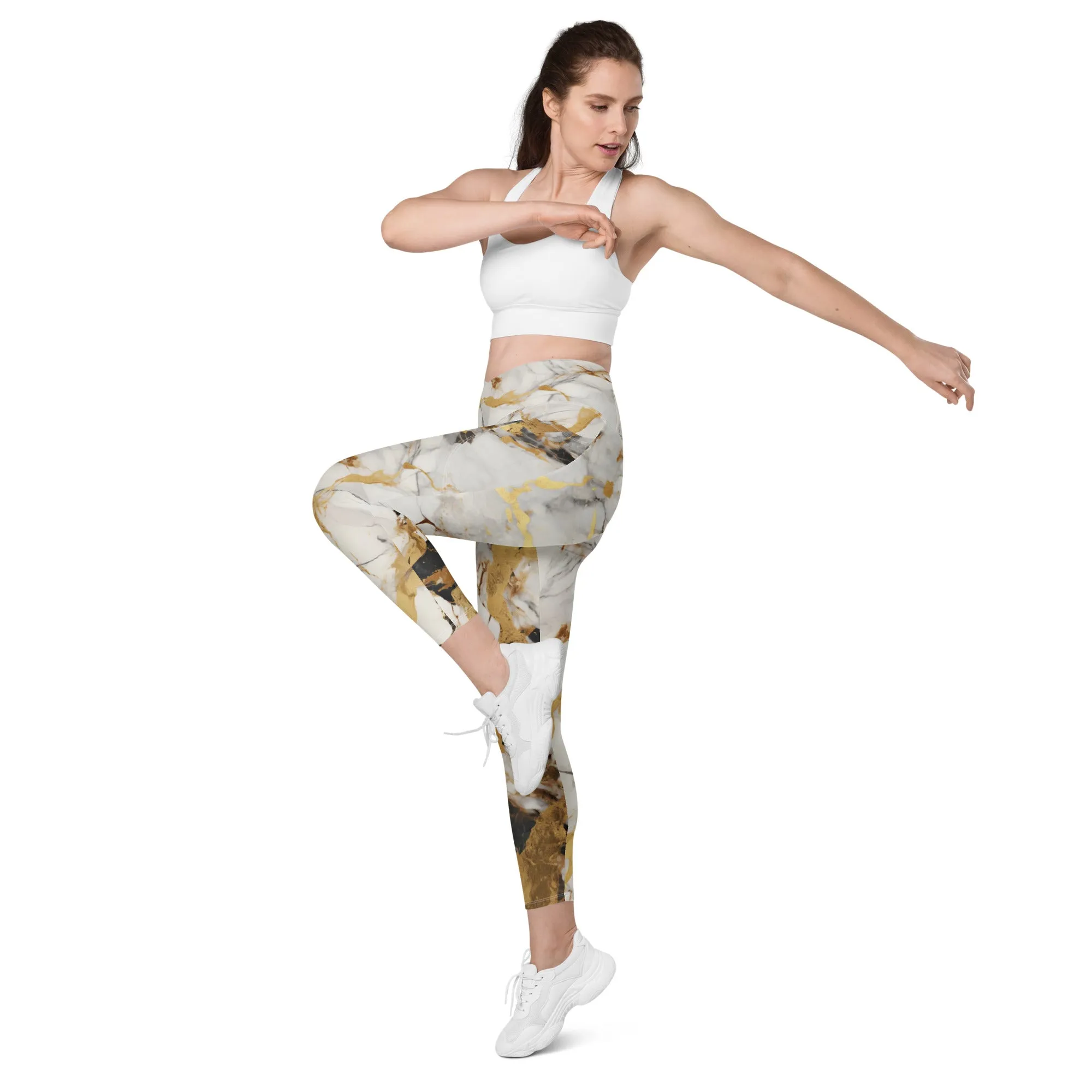 White & Gold Marble Crossover Leggings With Pockets