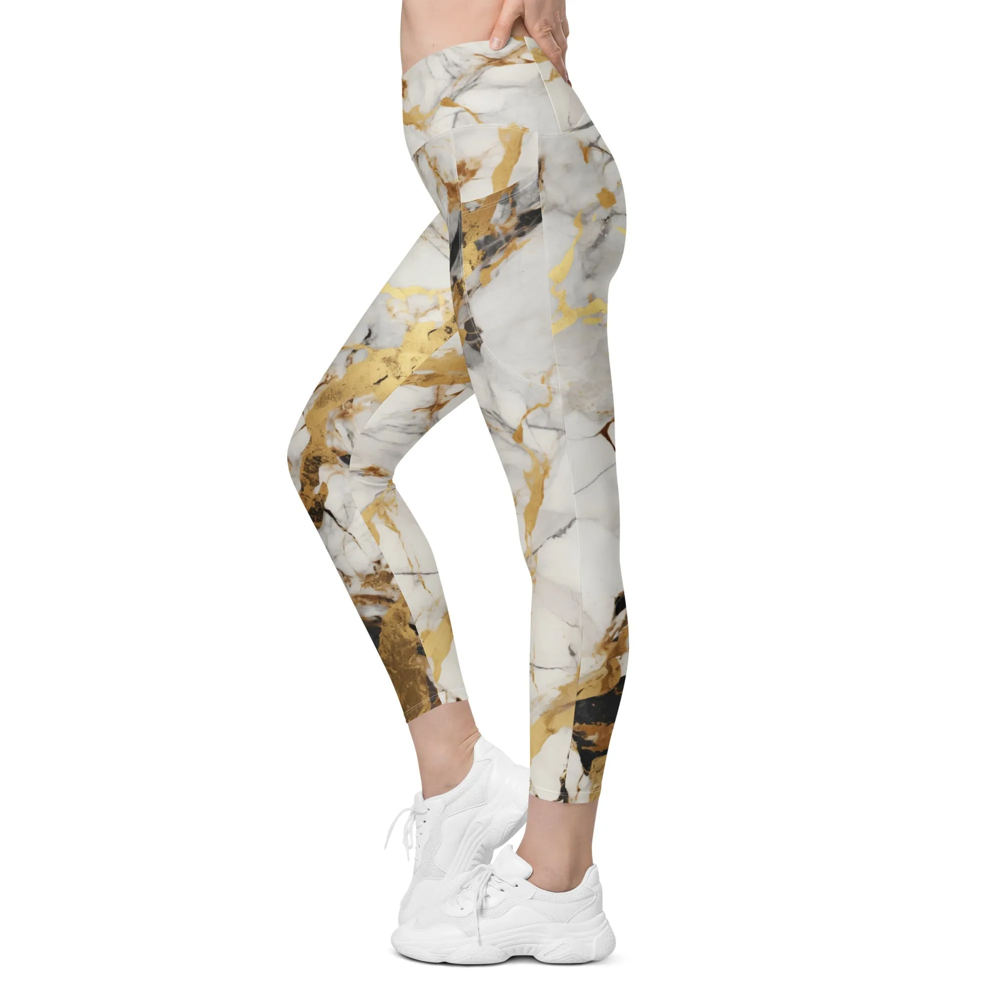 White & Gold Marble Crossover Leggings With Pockets