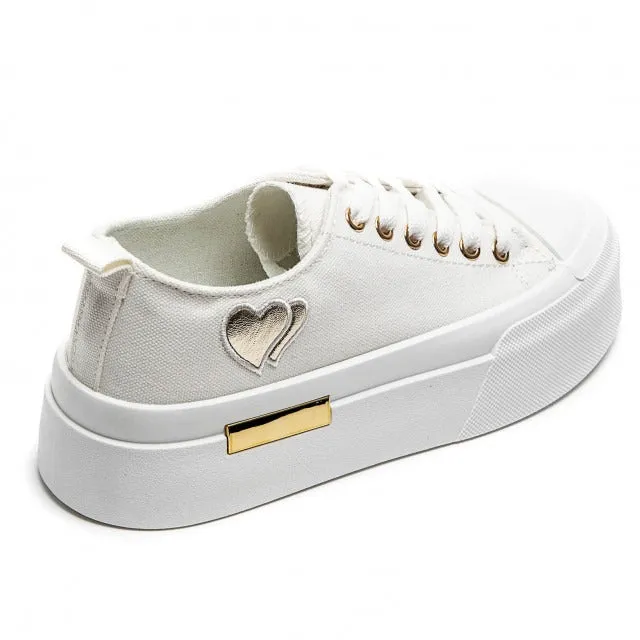 WHITE LACE UP HEART DETAIL CHUNKY STYLISH FLAT TRAINERS